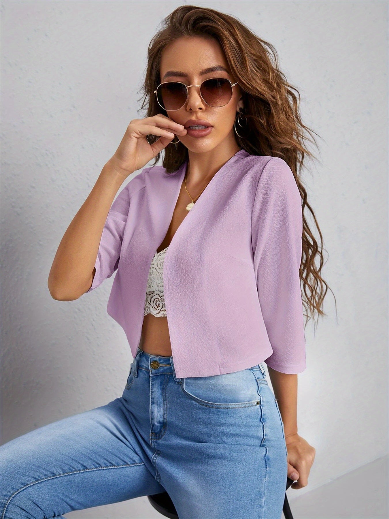 Simple Cropped Blazer, Casual Open Front Work Office .