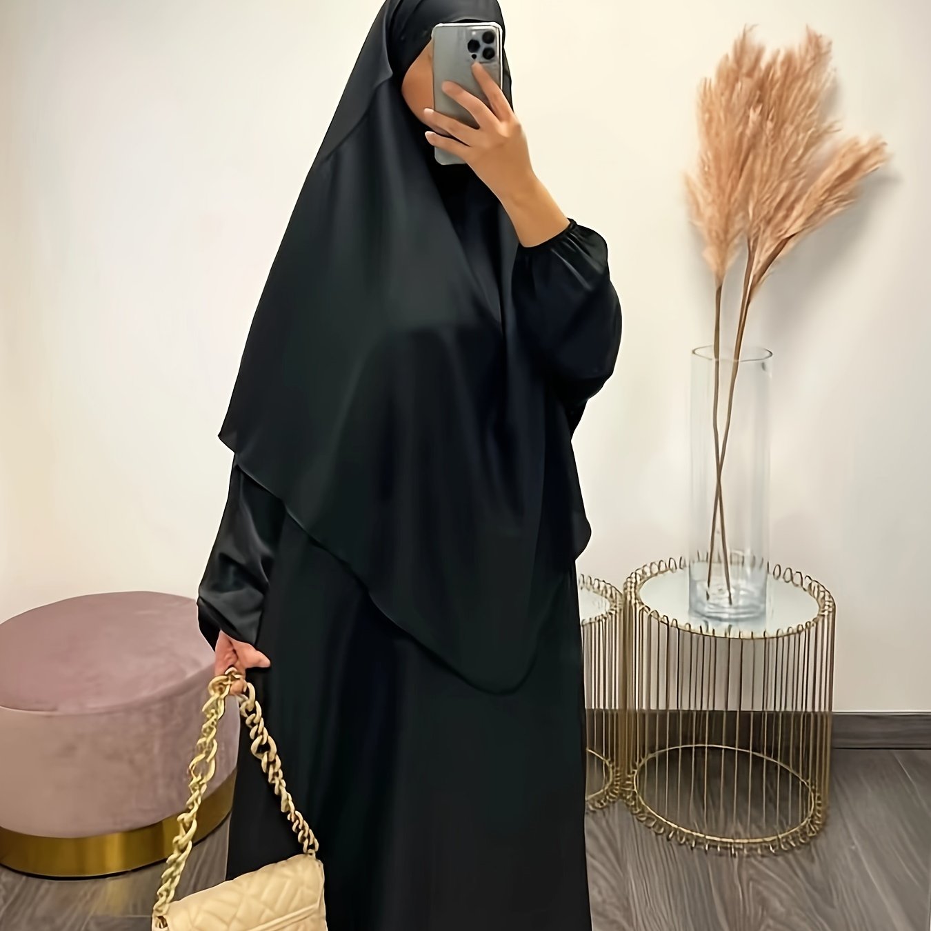 Solid Color Simple Modest Dress, Elegant Long Sleeve Maxi Dress With Hijab, /MH
