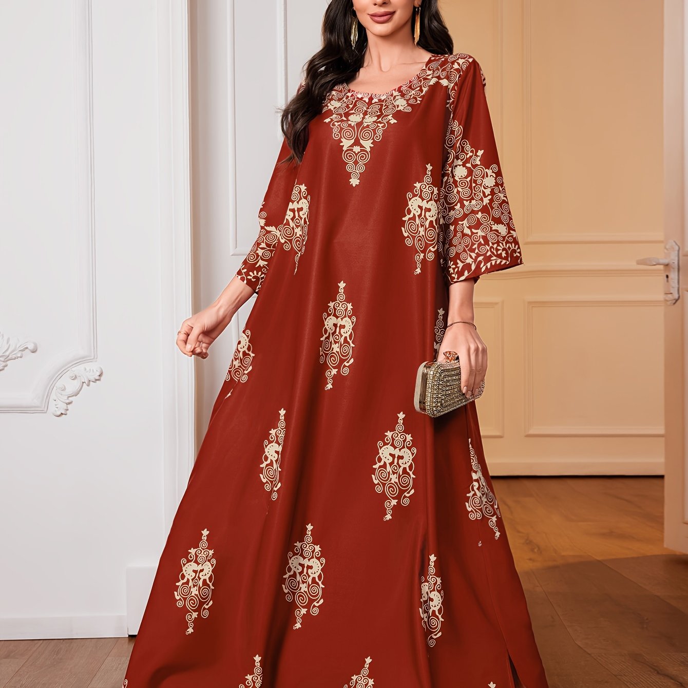 Ramadan Ethnic Floral Print Crew Neck Kaftan Dress, /MH