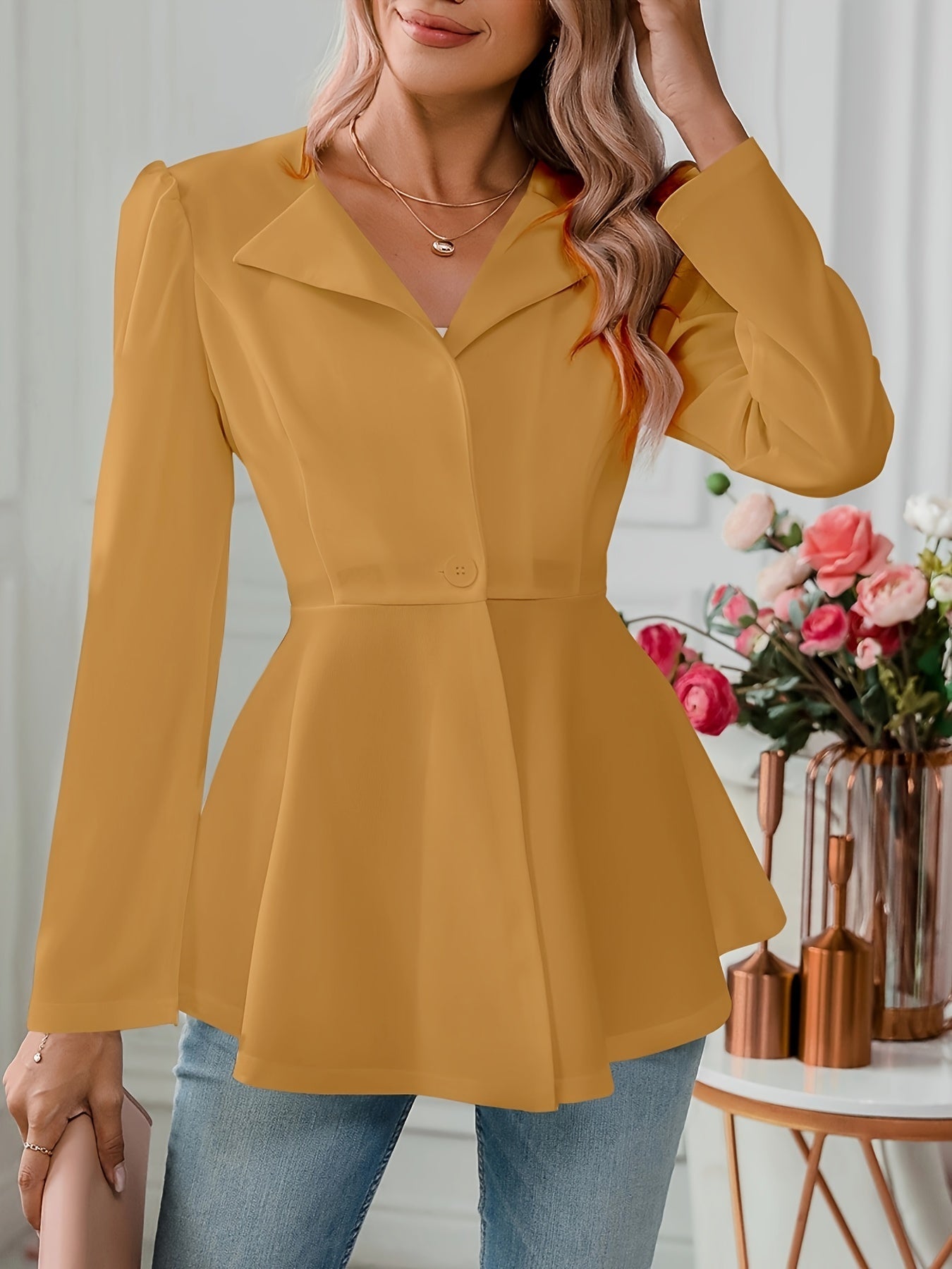 Notched Collar Flare Blazer, Elegant Long Sleeve Button Front Coat,