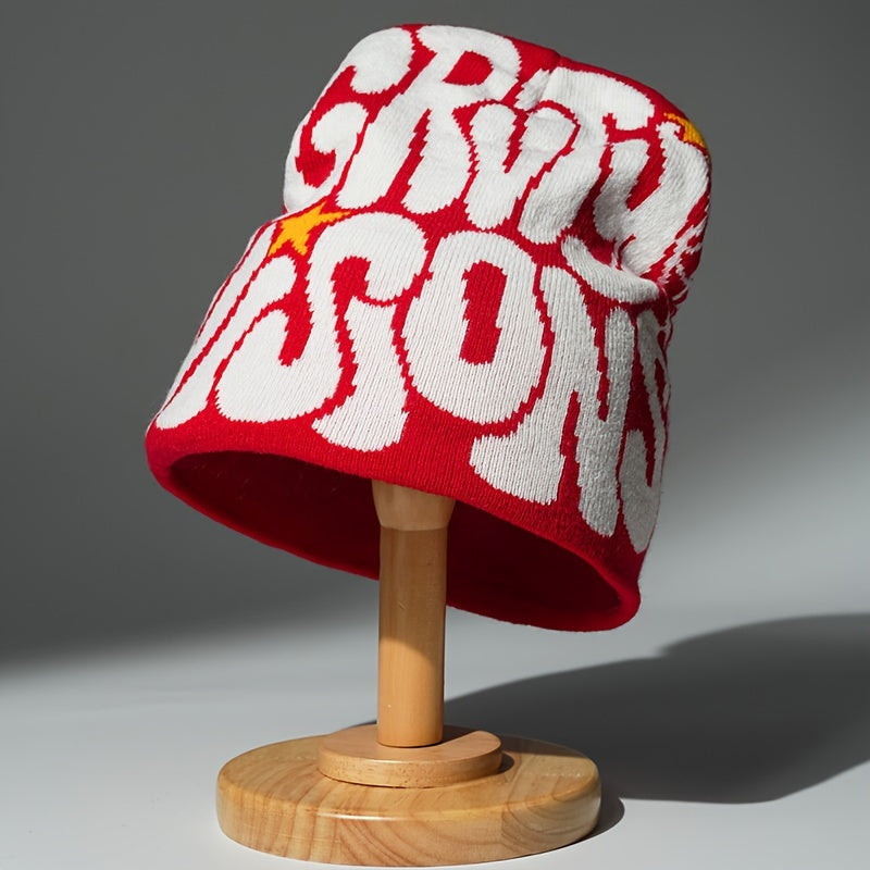 Unisex Alphabet Embroidered Knit Beanie Hat Casual Acrylic Stretch
