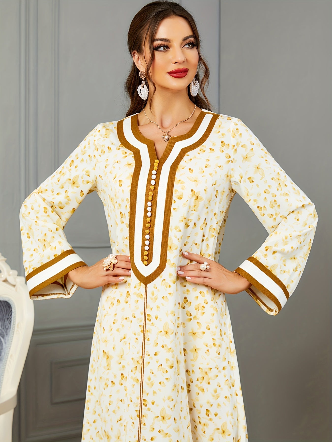 Floral Print Notch Neck Kaftan, Elegant Long Sleeve Maxi women fashion ;/MH