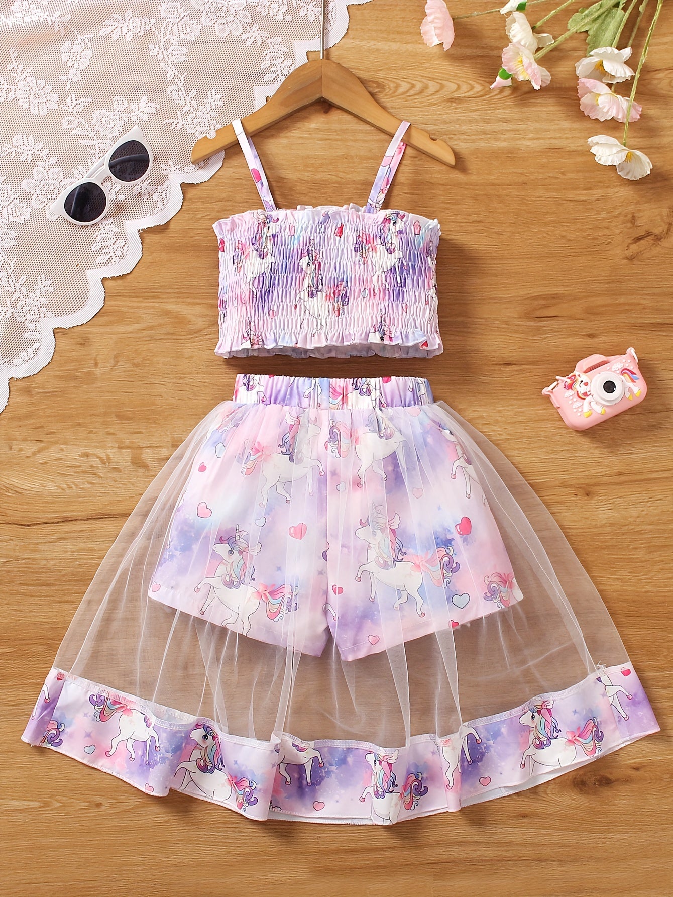 Girls' Two-Piece Set with Spaghetti Strap Butterfly Print .