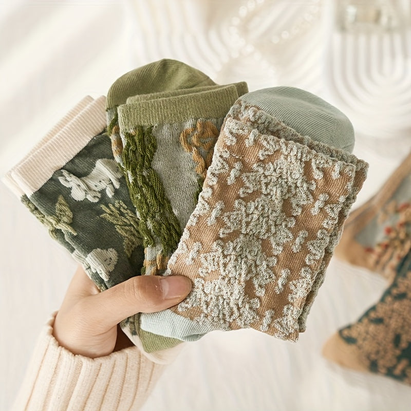 5 Pairs Floral Print Socks, Comfy & Cute Mid Tube Socks, /MH