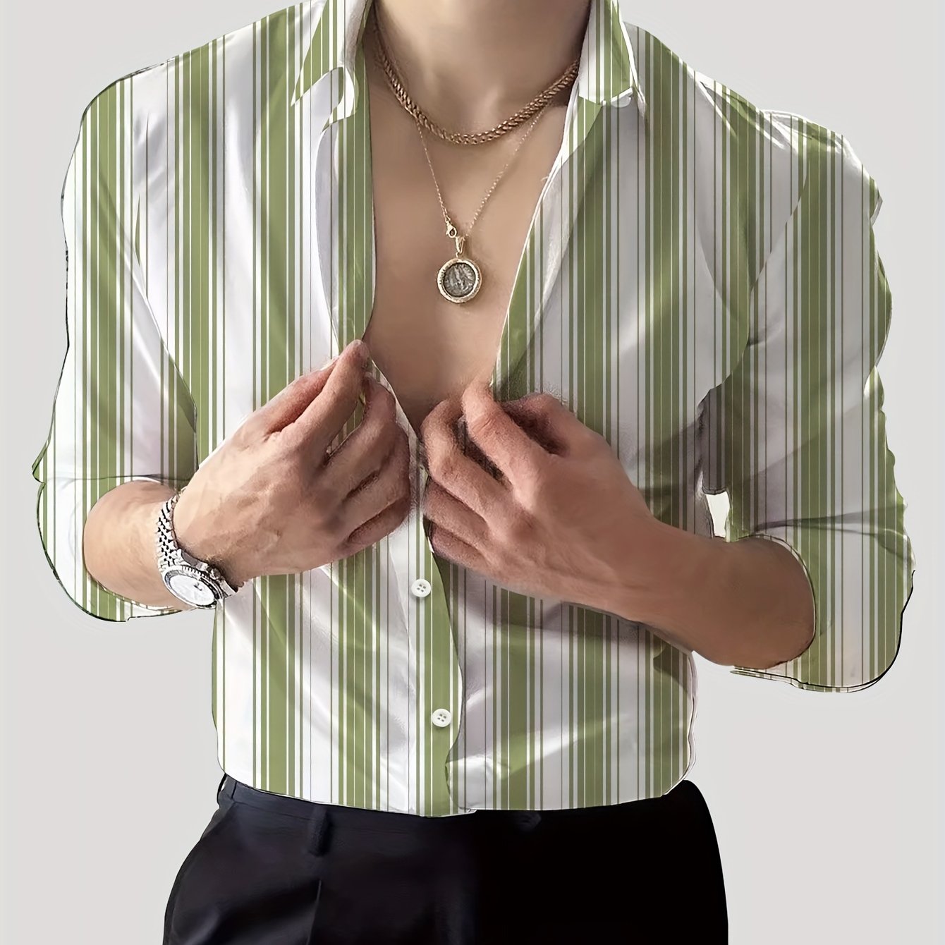 Men's Striped Lapel Collar Dress Shirts, Long Sleeve .