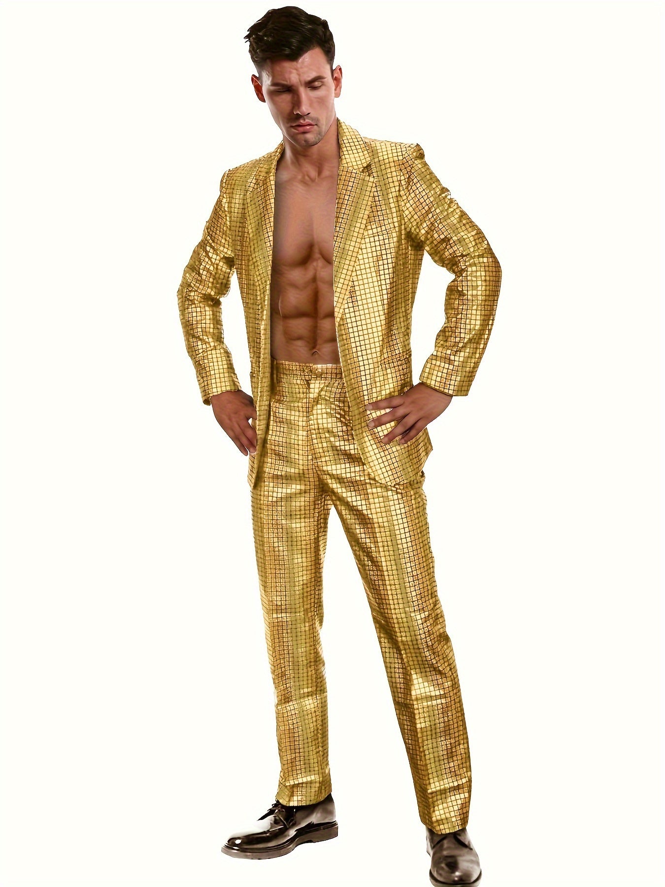 Chic Plaid Pattern Shiny Blazer, Men's Casual Two Button.