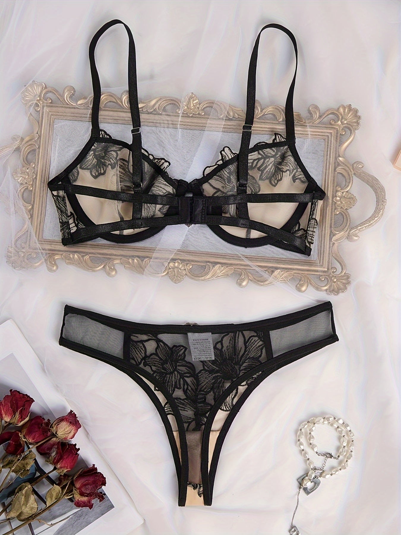 Sexy Floral Embroidery Lace Bra & Panty, Heart Ring Decor Bra'/MH
