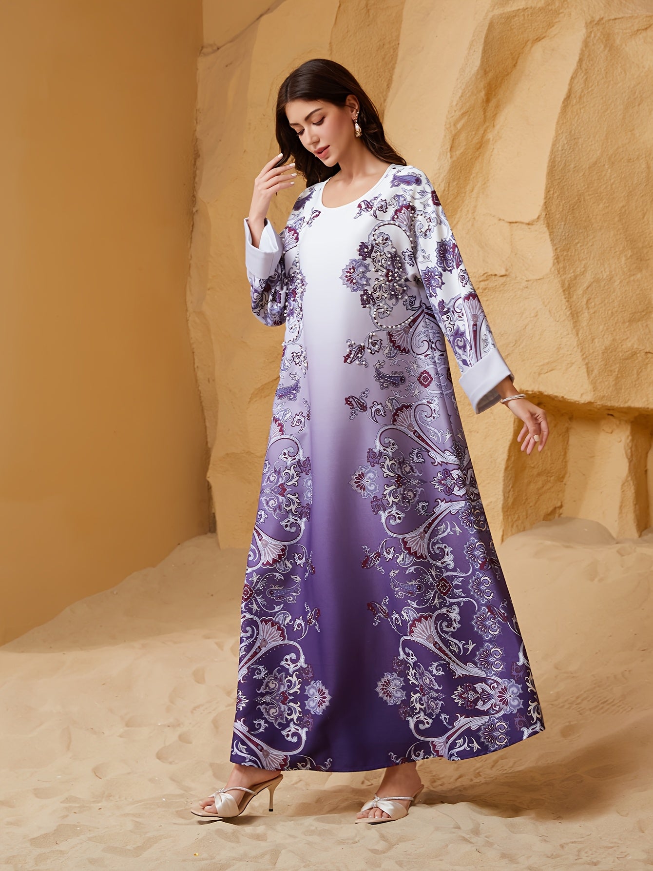 Elegant Purple Floral Print Abaya Dress for Women -/MH