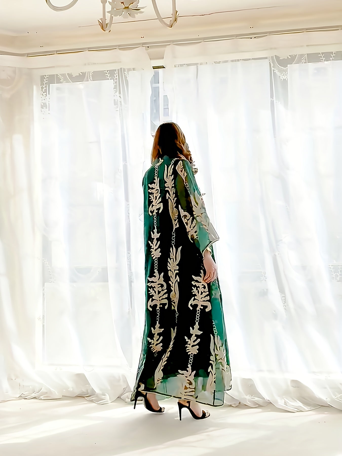 Ramadan Floral Pattern Notched Neck Kaftan Abayas, /MH