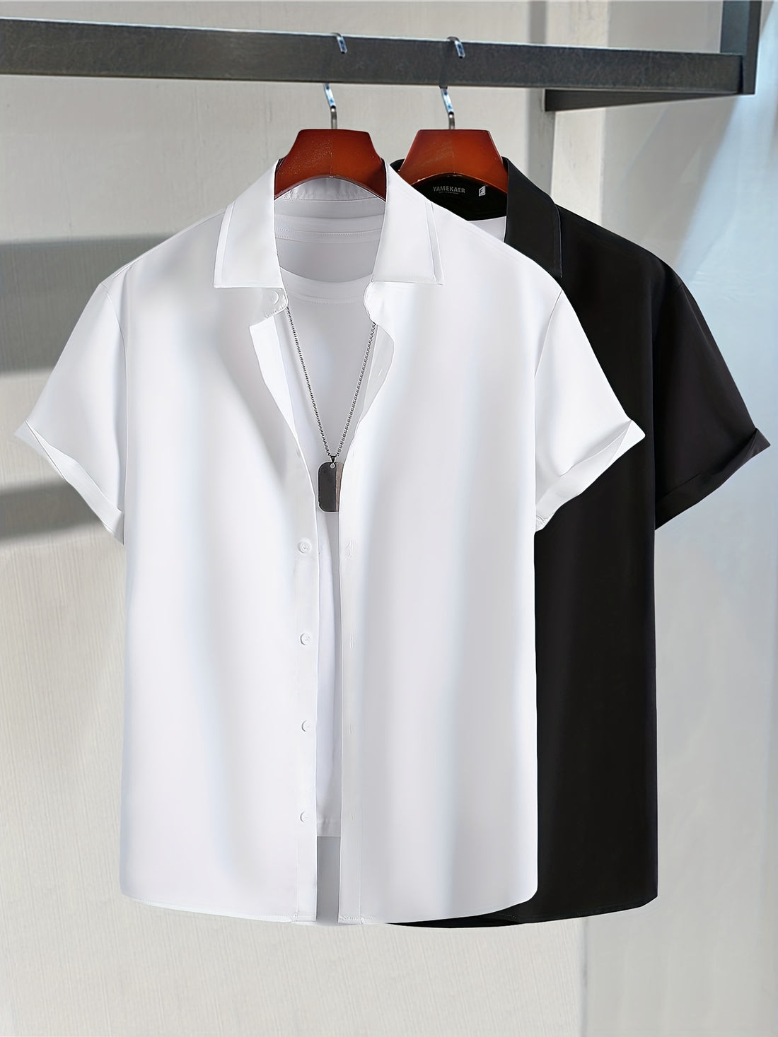 2pcs Plus Size Lapel Mens Solid Color Button Down Shirts, Top Blouse Shirts, Short Sleeve, Button Down Dress Shirts