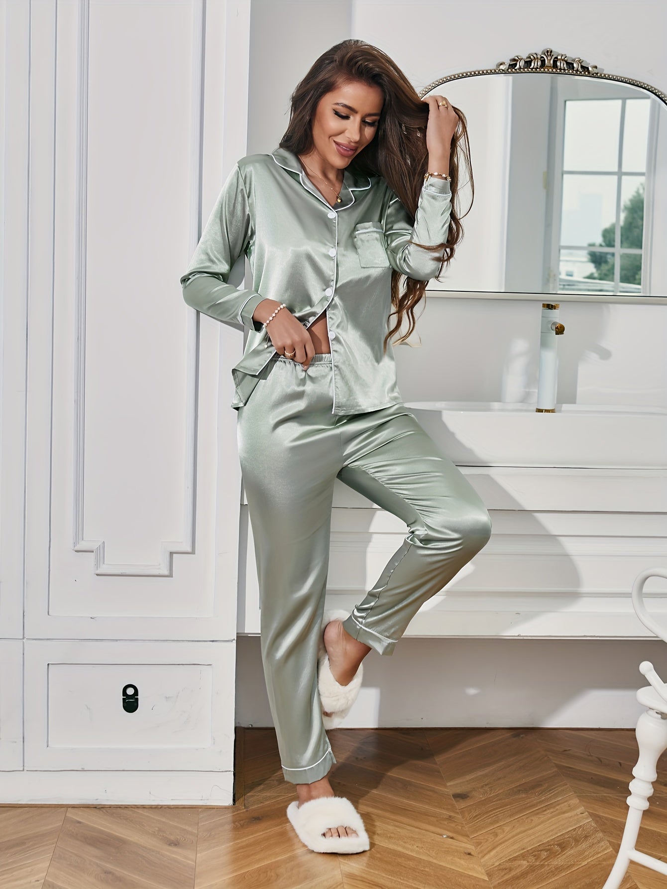 Cozy Solid Pajama Set - Soft Long Sleeve Button.