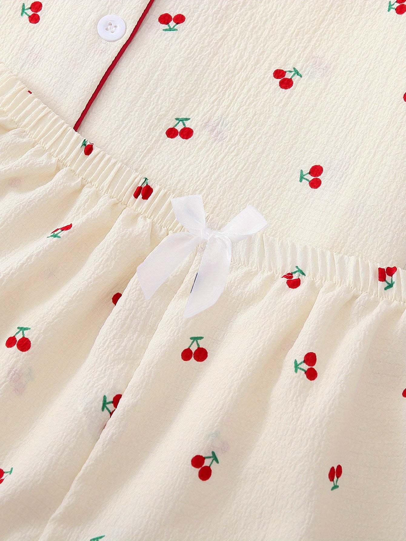 Cherry Print Pajama Set, Sweet & Cute Lapel Buttons Top And Bow Shorts, Women's Sleepwear & Loungewear