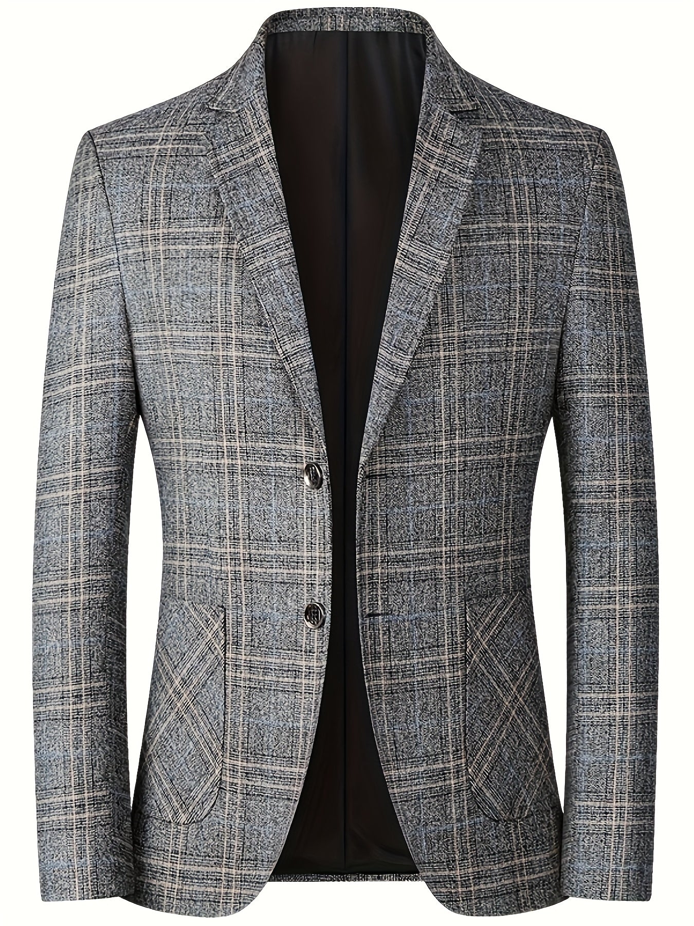 Men'S Checked Pattern Blazer with Pockets - Formal Two-Button Lapel,