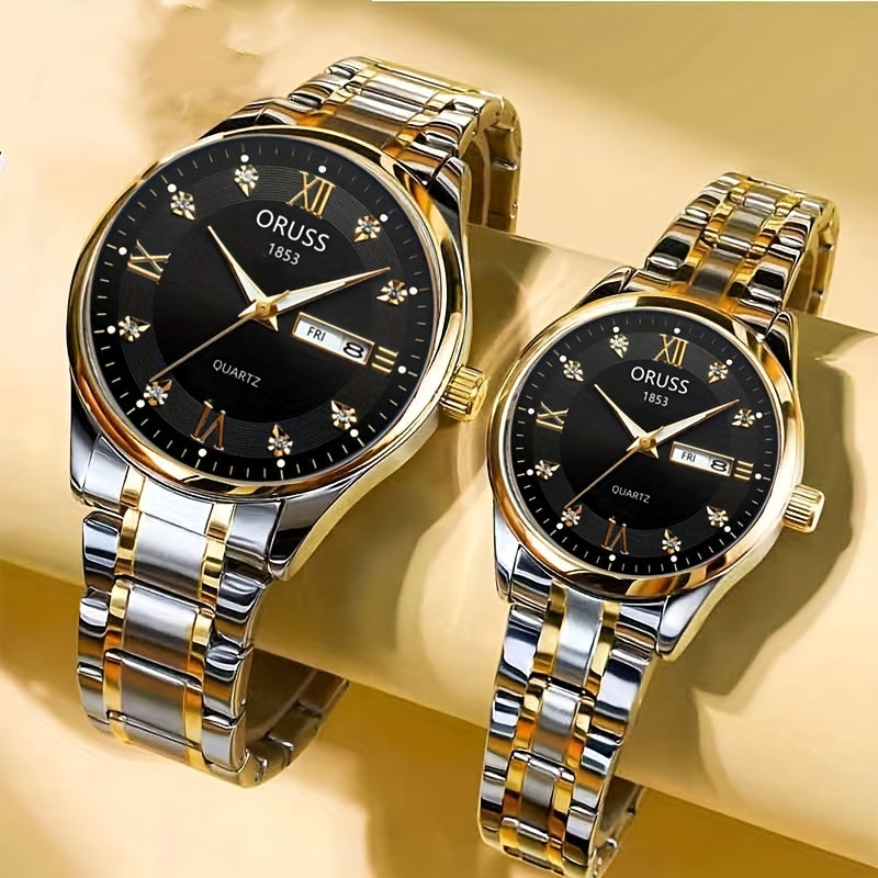 2pcs Luxury Couples Quartz Watch Business Leisure Fashion Analog Calendar Wrist Watch Valentines Gift For Men Women Date Watch