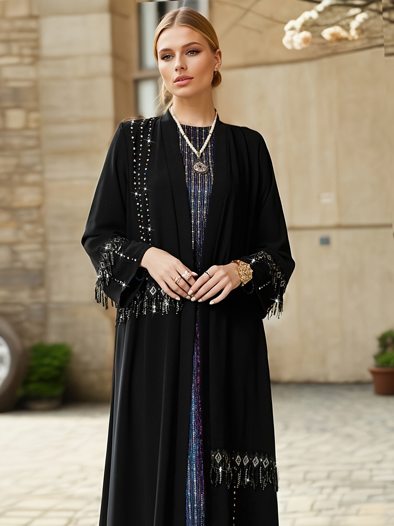 Open Front Rhinestone Decor Kaftan Dress, Elegant Long Sleeve '/MH