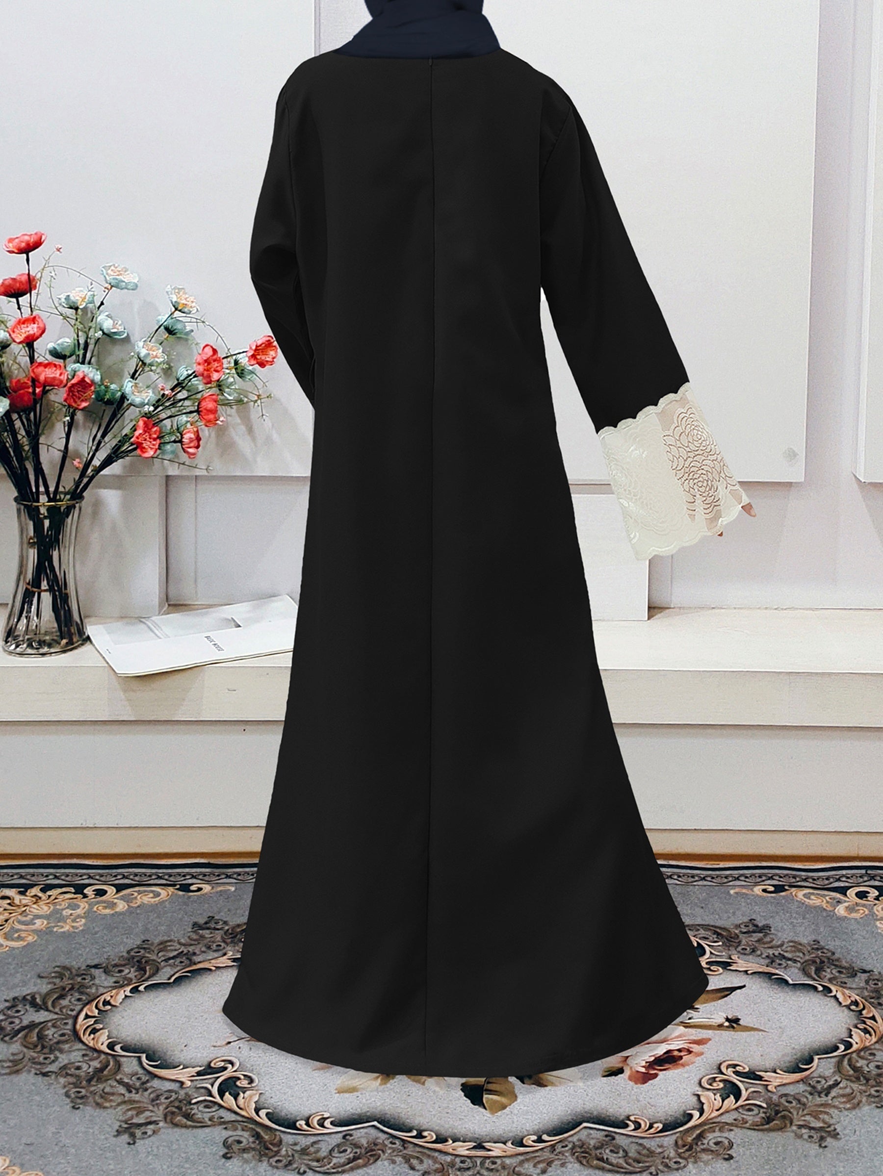 Contrast Lace Crew Neck Kaftan Abaya, /MH