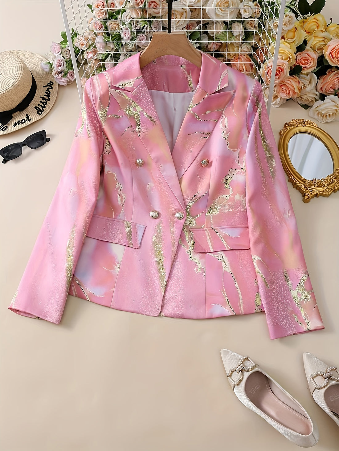 Marble Print Button Front Blazer, Elegant Lapel Neck Long Sleeve.