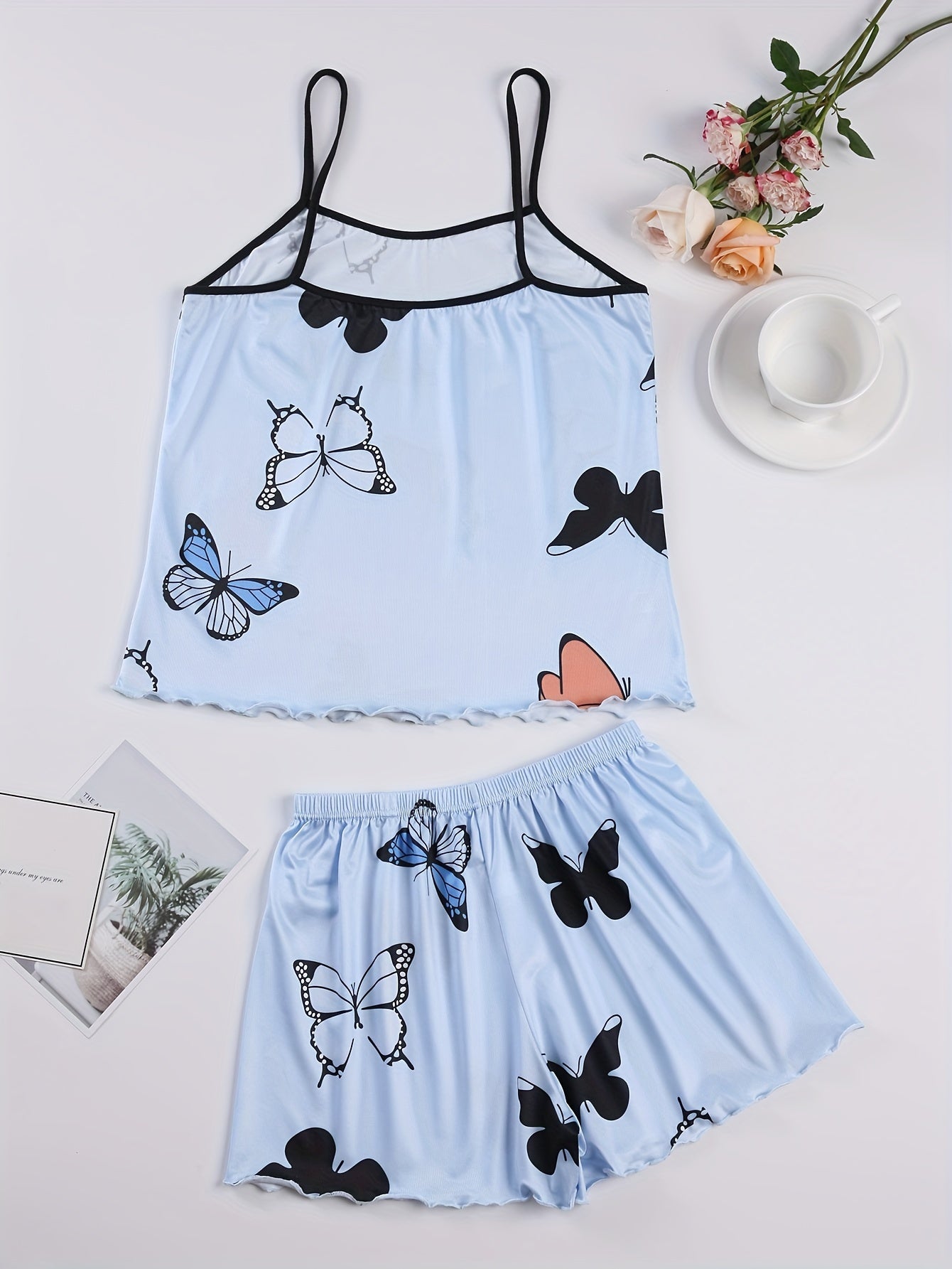 Casual Butterfly Print Lettuce Trim Pajama Set,
