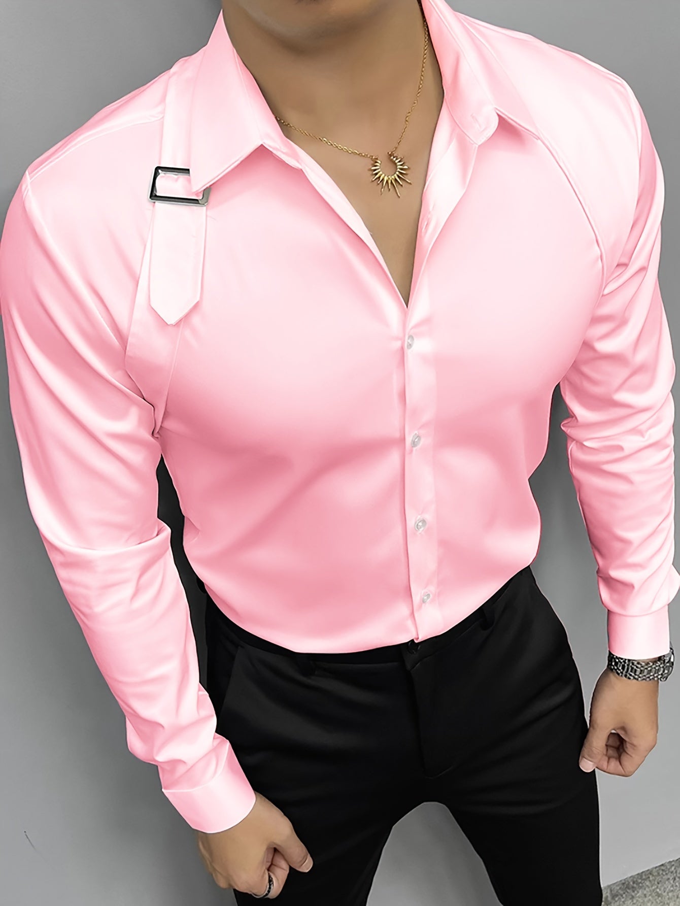 Men's Casual Dress Shirts Skinny Fit Solid Color Long Sleeve .