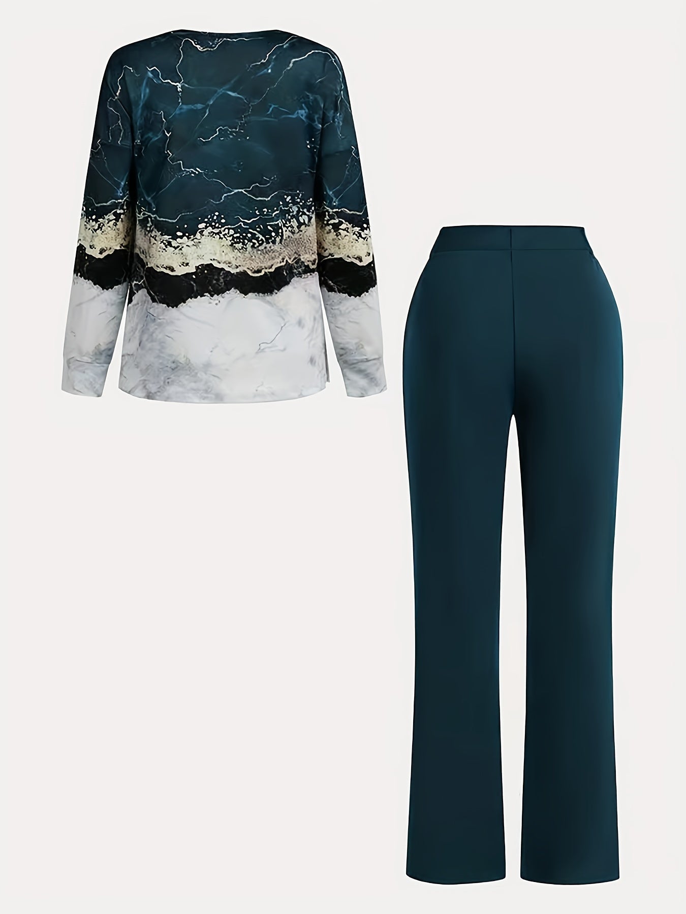 All Over Print Two-piece Set, V Neck Long Sleeve Top & Wide Leg Pants Outfits, Women's Clothing