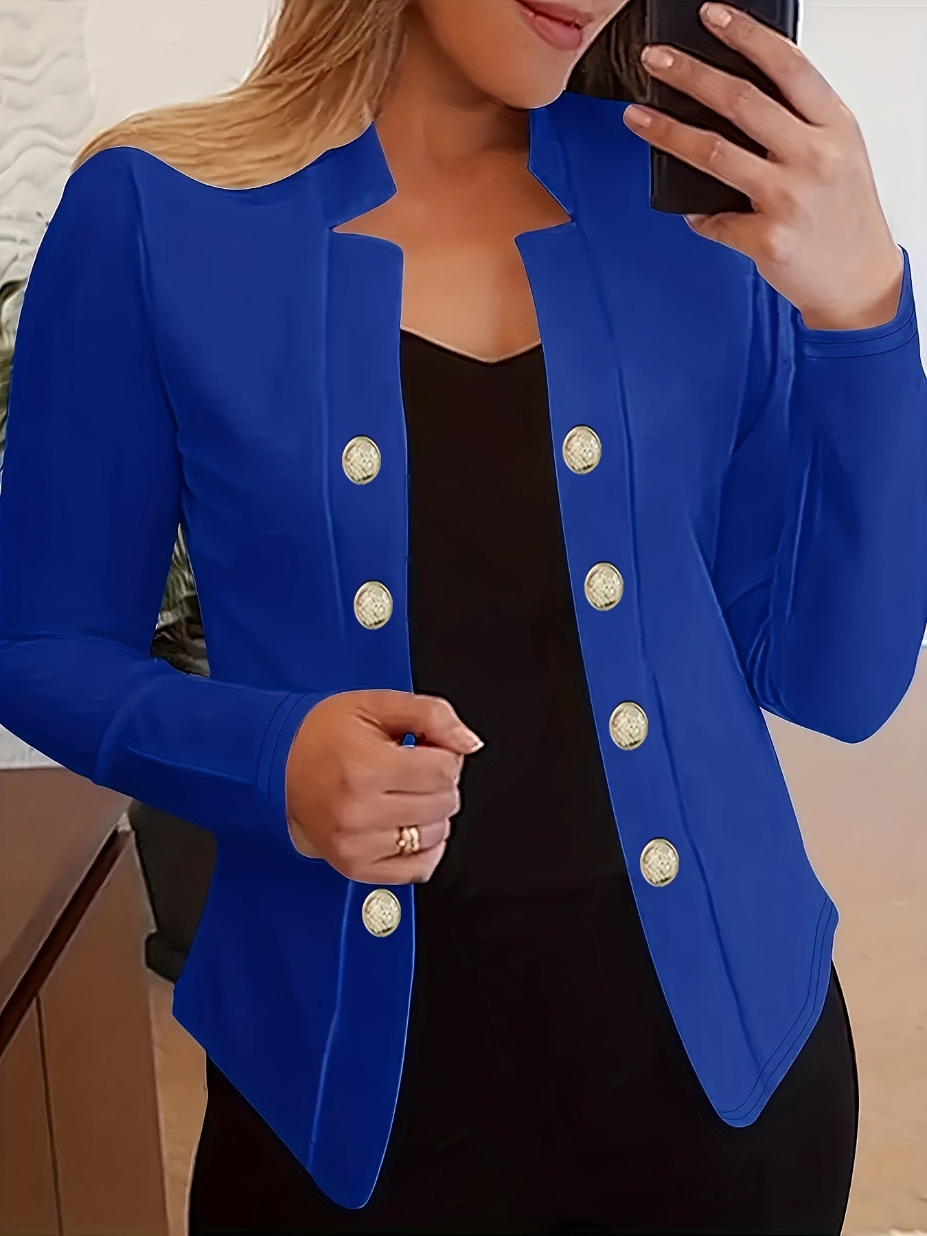 Button Decor Open Front Blazer, Casual Long Sleeve.
