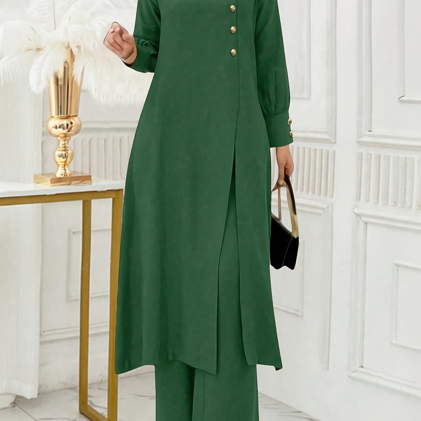 Solid Color Button Design Long Sleeve Top and Pants Set, Arabic Style,/MH