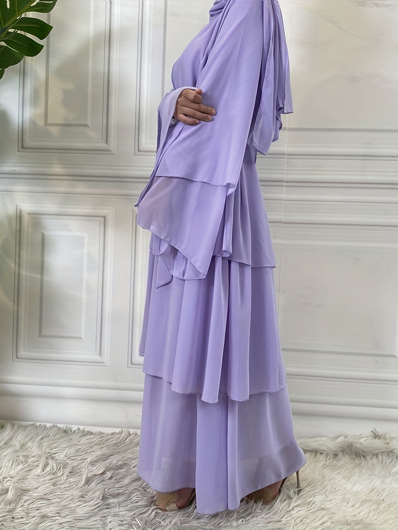 Layered Open Front Modest Dress, Long Sleeve Muslim Dress'/MH