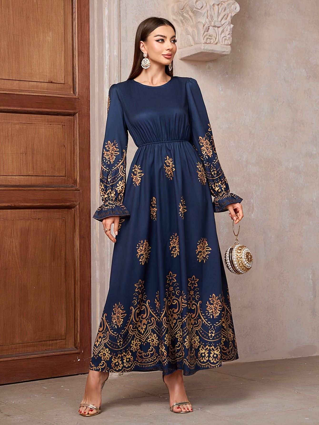 Floral Print Crew Neck Kaftan Dress, Elegant Long Sleeve 'MH