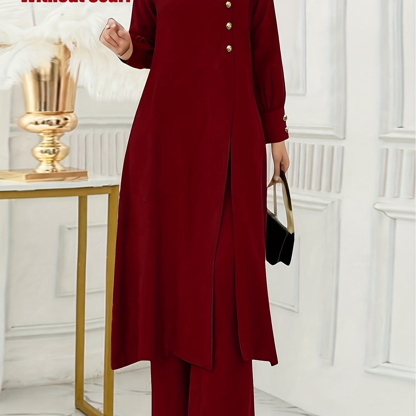Solid Color Button Design Long Sleeve Top and Pants Set, Arabic Style,/MH