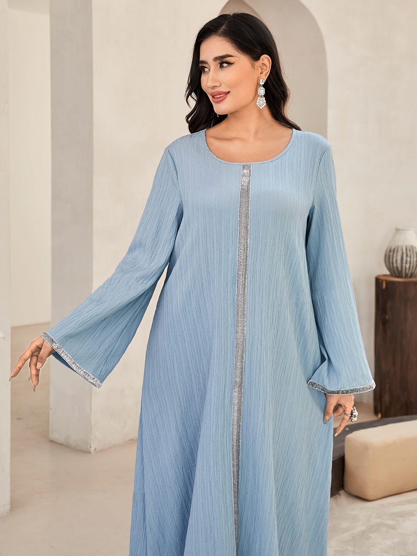 Contrast Trim Crew Neck Kaftan Dress, /MH