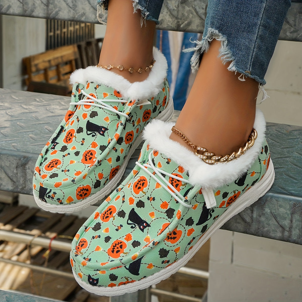 Women's Pumpkin & Cat Print Canvas Shoes,