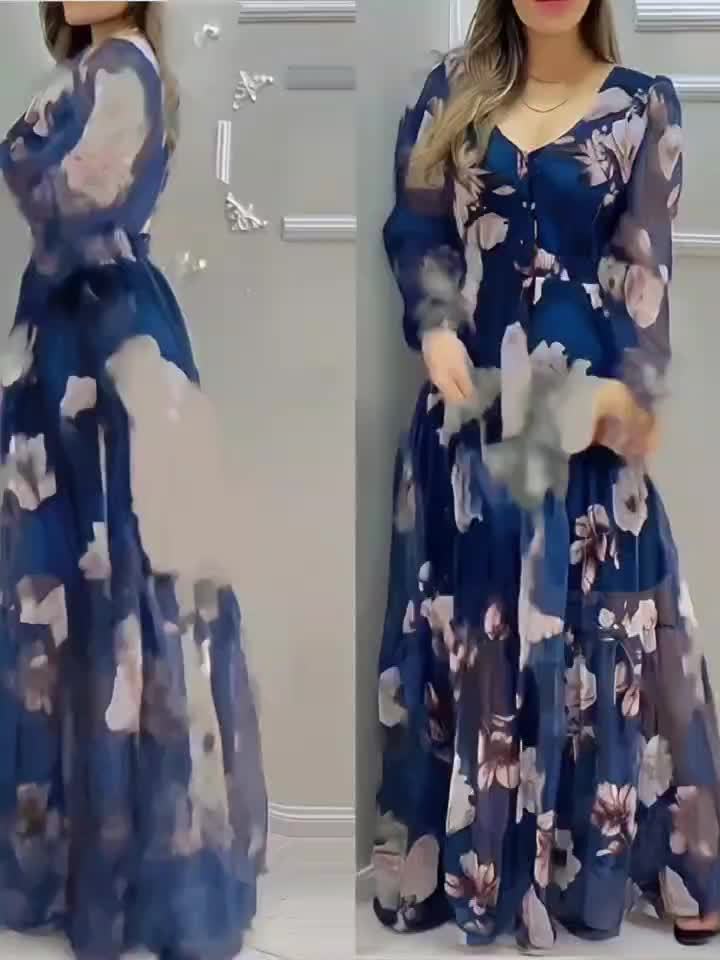 Elegant Floral Print 1pc V-Neck Maxi Dress - ./MH