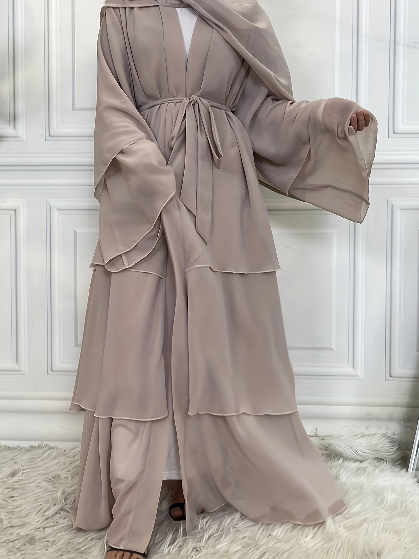 Layered Open Front Modest Dress, Long Sleeve Muslim Dress'/MH