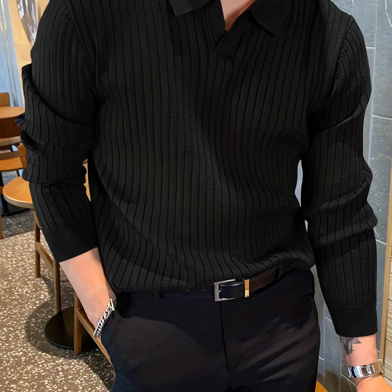 Chic Knit Shirt, Men's Casual Stylish Lapel Middle Stretch V-Neck .