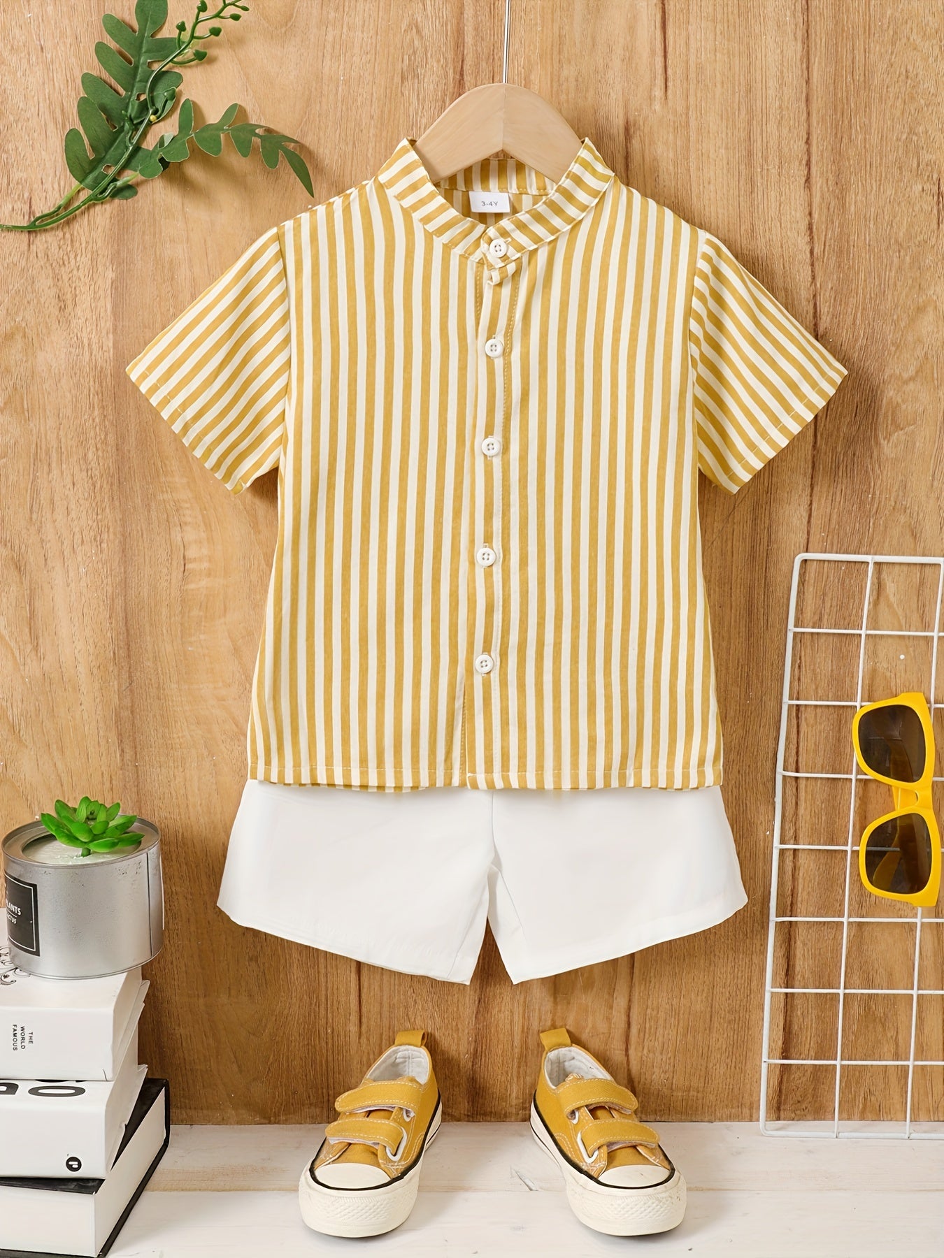 Boys Striped Casual Outfit Short Sleeves Stand Collar Shirt .