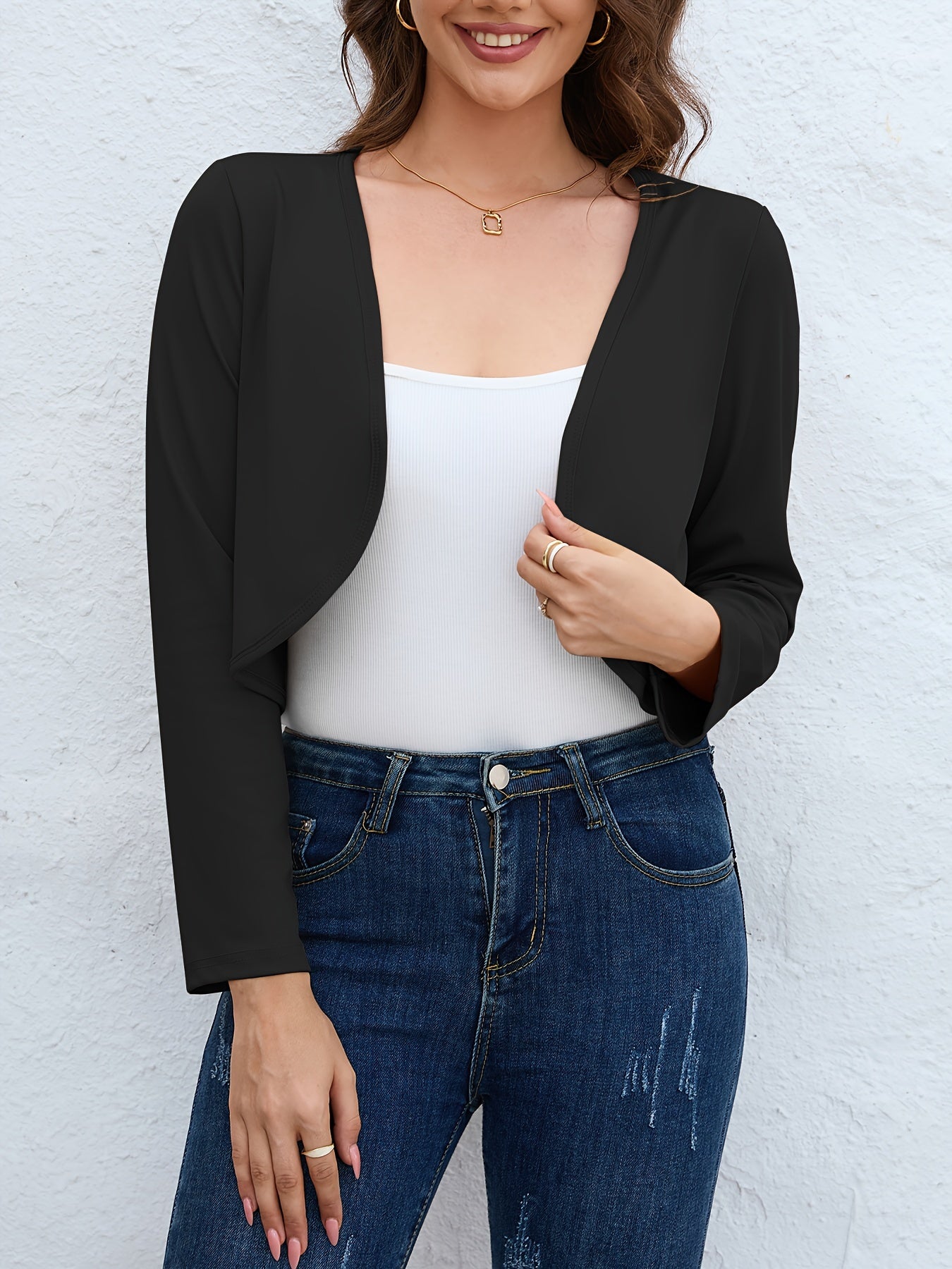 Solid Open Front Blazer, Casual Long Sleeve Crop Blazer For Work,