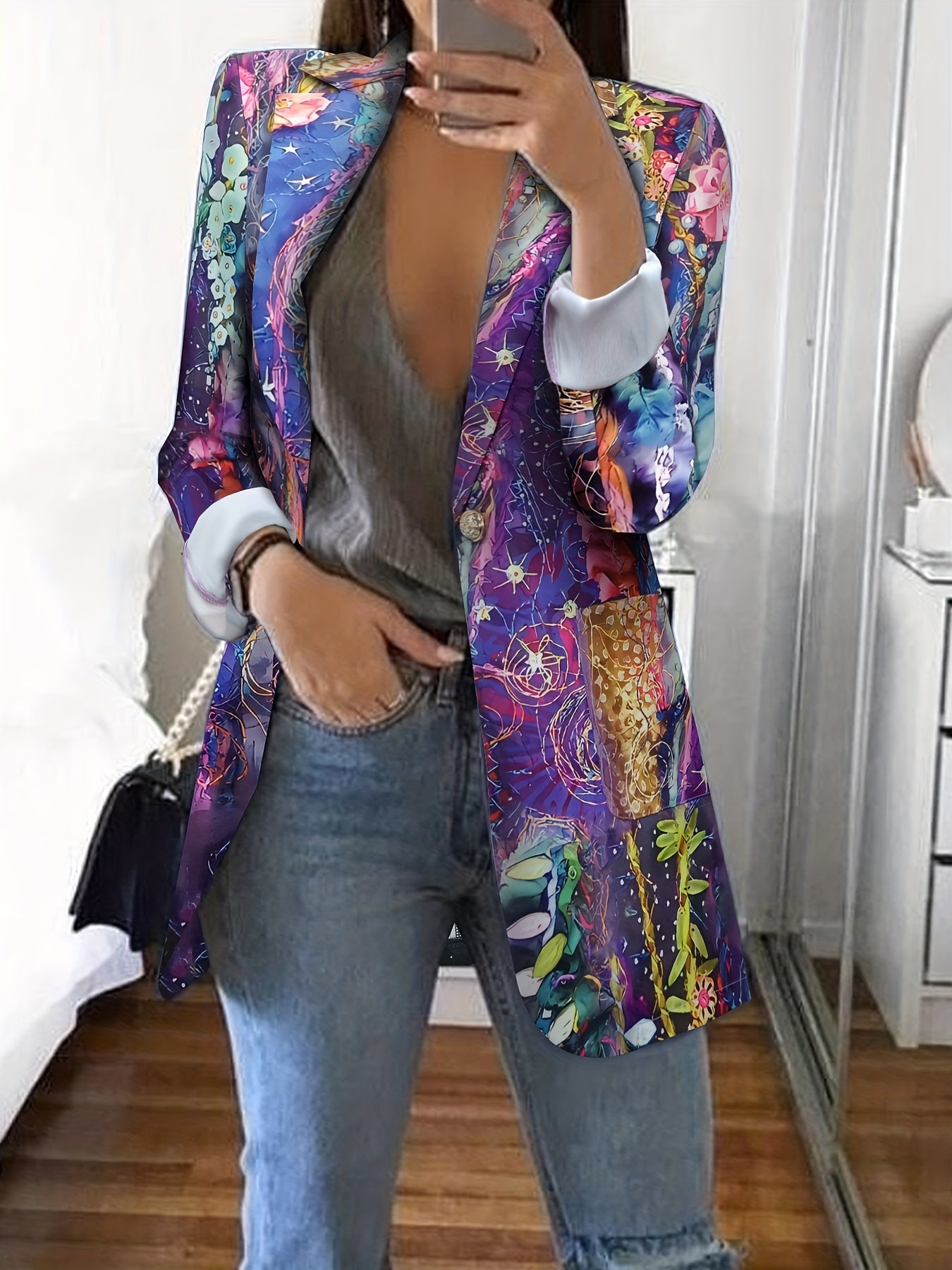 Letter Print Lapel Blazer, Casual One Button Long Sleeve Outerwear,