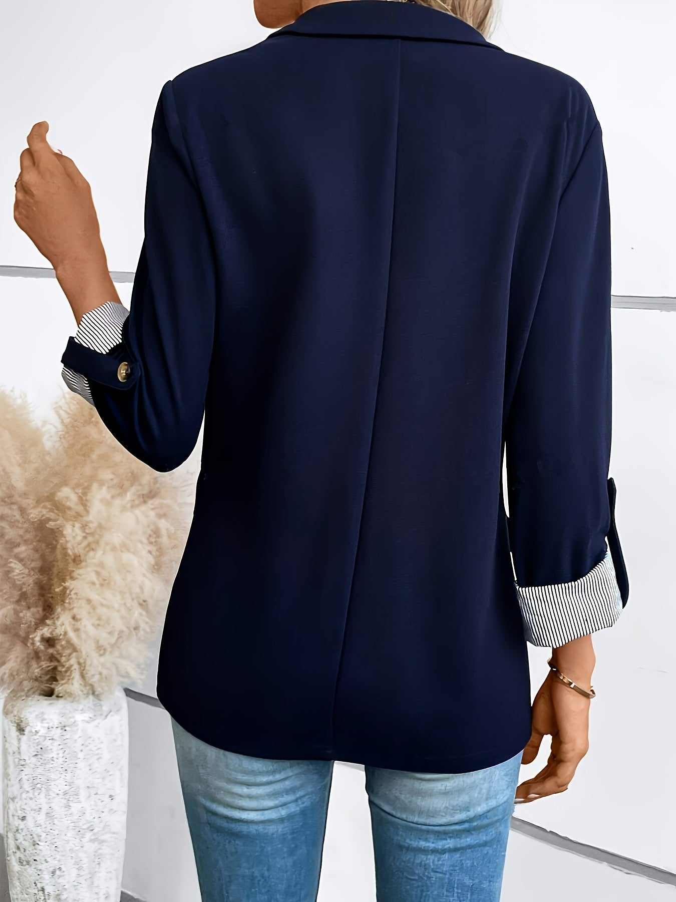 Single-Breasted Label Neck Blazer, Elegant Long Sleeve Blazer.