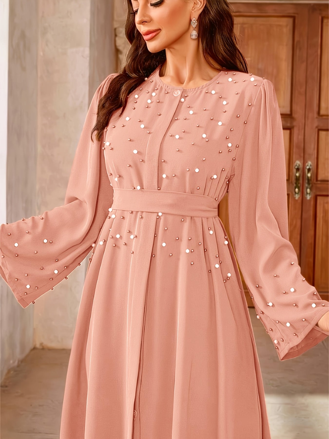 Elegant Pearl Embellished Burgundy Abaya./MH