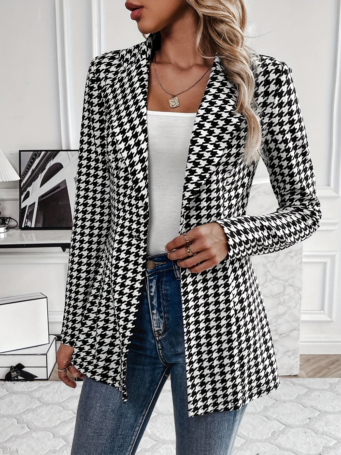 Houndstooth Print Button Front Blazer, Casual Lapel Long .