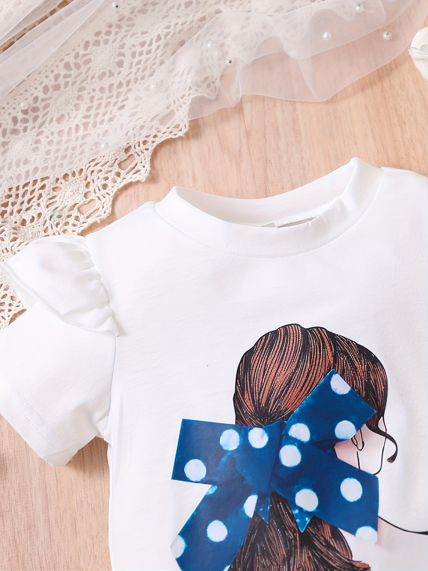 2pcs Toddler Girls Bow Figure Graphic Ruffle Trim T-Shirt