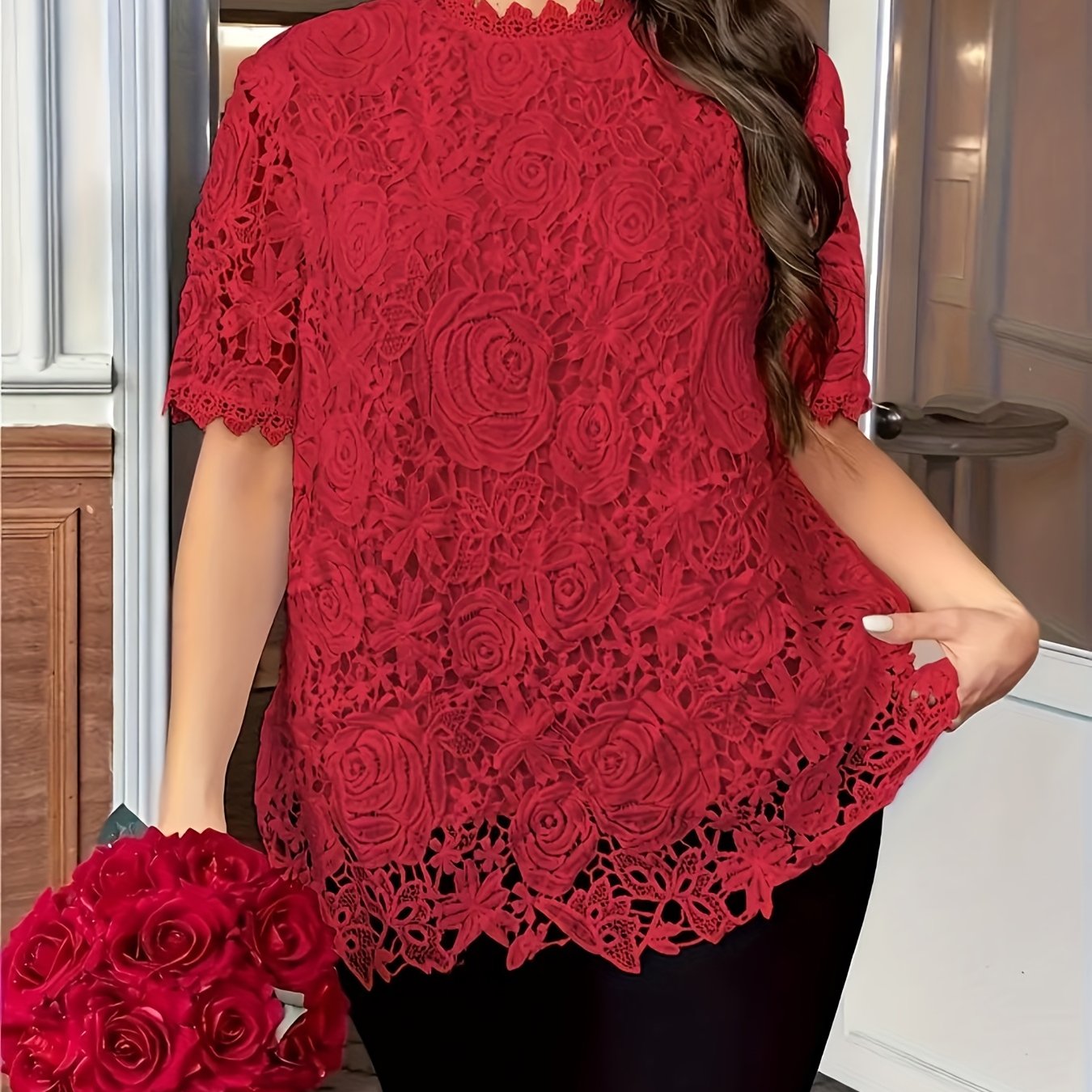 [Elegant Blouse] Elegant Green Lace Plus Size Blouse for Women |