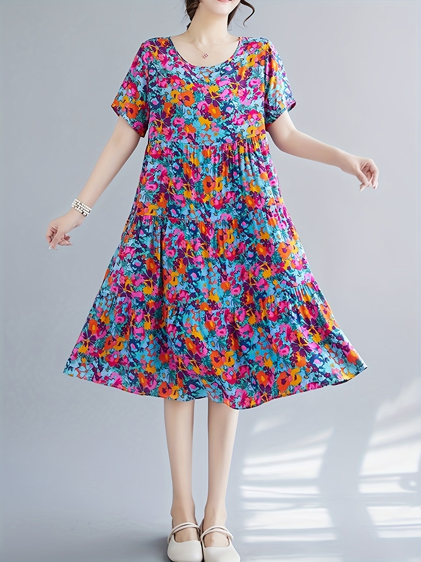 Paisley Print Crew Neck Dress, Casual Short Sleeve Loose Fit Dress./MH