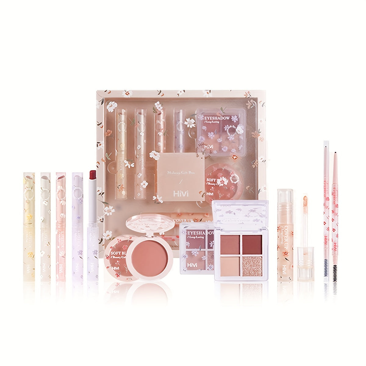 8pcs Flower Language Makeup Gift Box, Velvet Lip Gloss Lipstick Blush Powder Eyeliner Pen Eyeshadow Palette Cosmetics Set, Ideal Gift For Mother's Day Makeup Set
