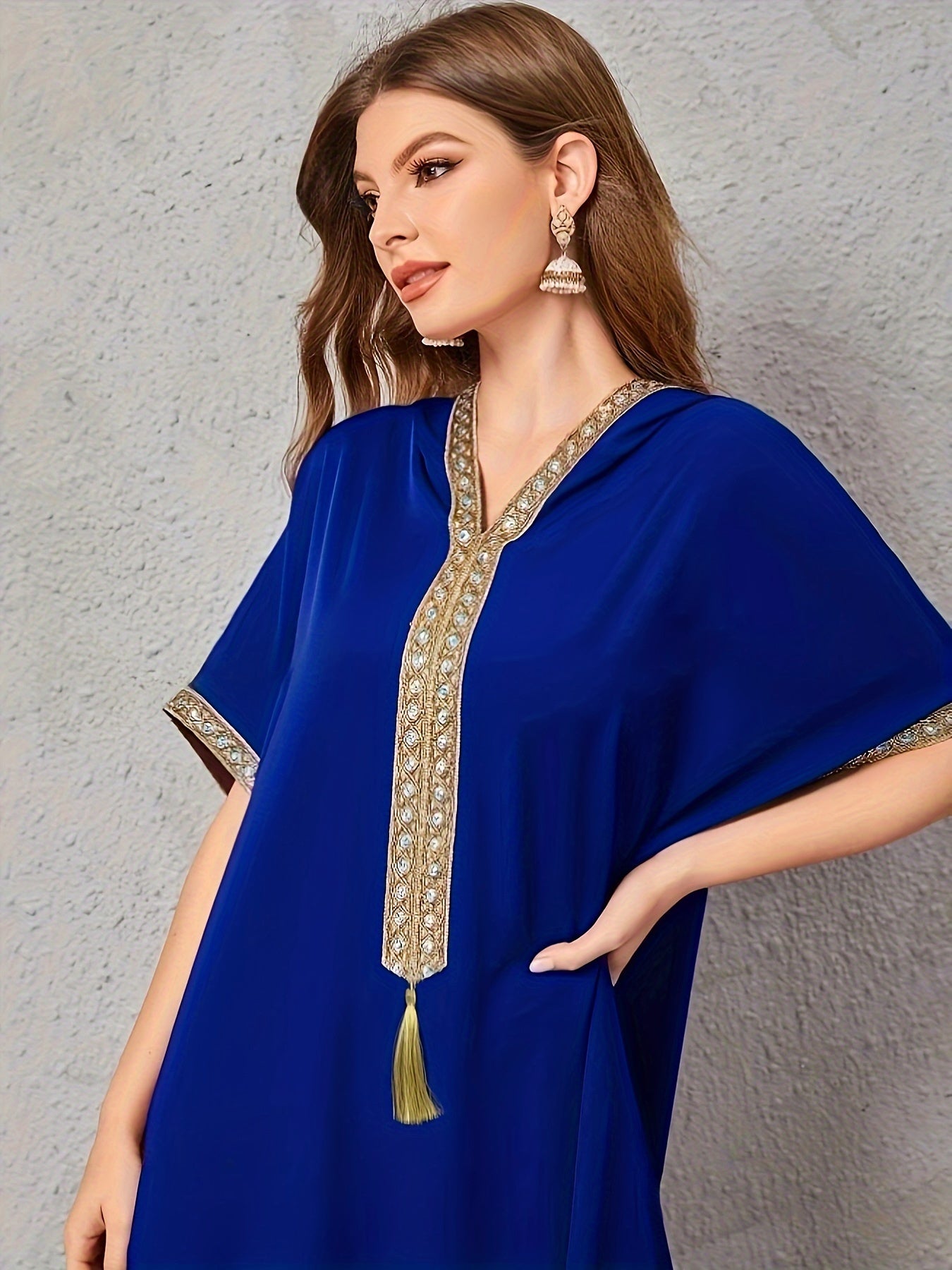 Contrast Trim V-neck Kaftan Dress, Elegant Batwing Sleeve ./MH