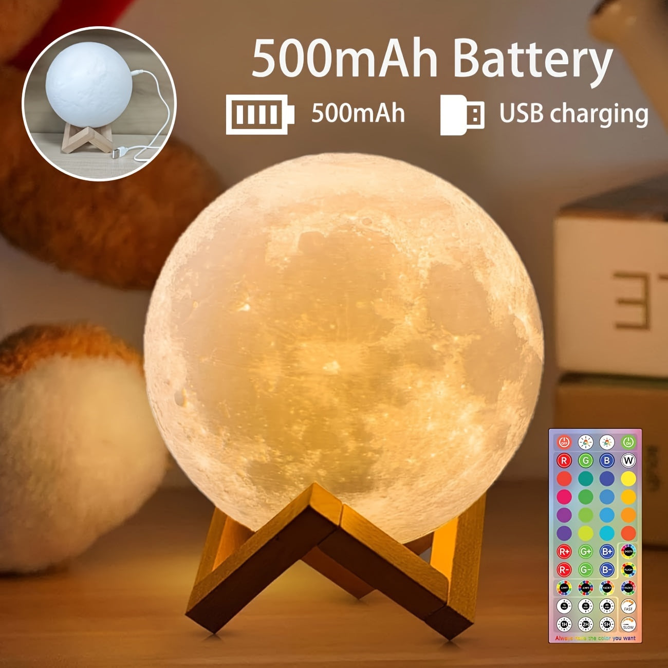 Enchanting 3D Moon Lamp with Remote - USB Rechargeable, Touch Control Night Light for Bedroom Ambiance - Perfect Gift for Valentine's Day & Christmas, Includes Wooden Stand