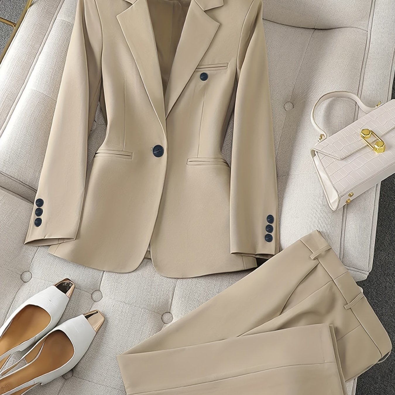 Plain Color Elegant Suit Set, Single Breasted Long Sleeve Blazer.