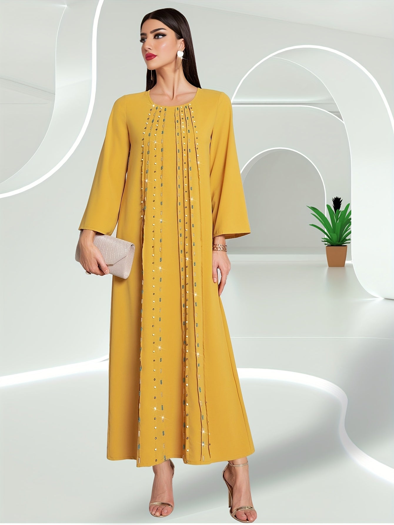 Bead Decor Crew Neck Kaftan Dress, Elegant Long Sleeve'/MH