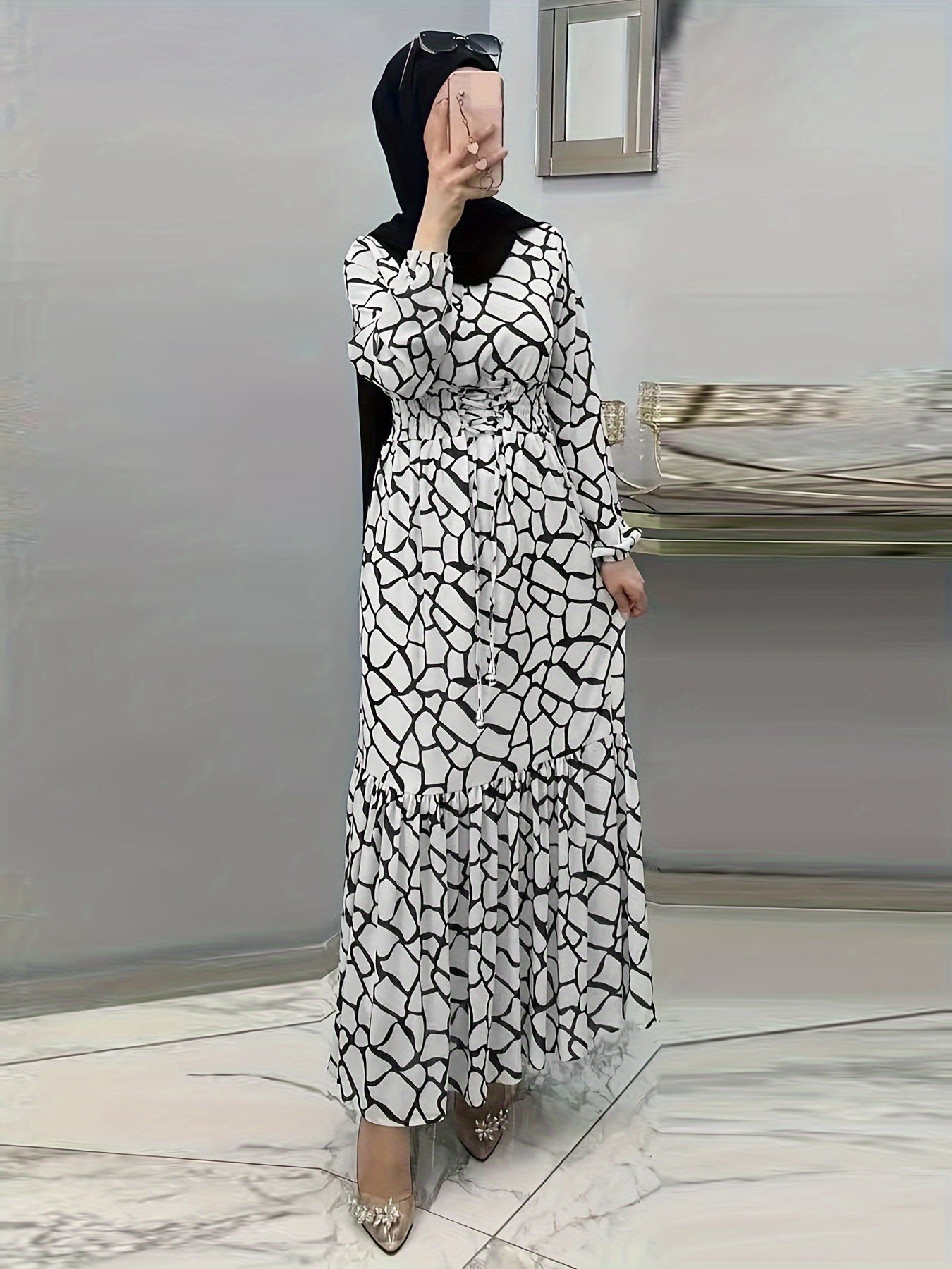 Allover Print Maxi Kaftan Dress, Casual Long Sleeve '/MH