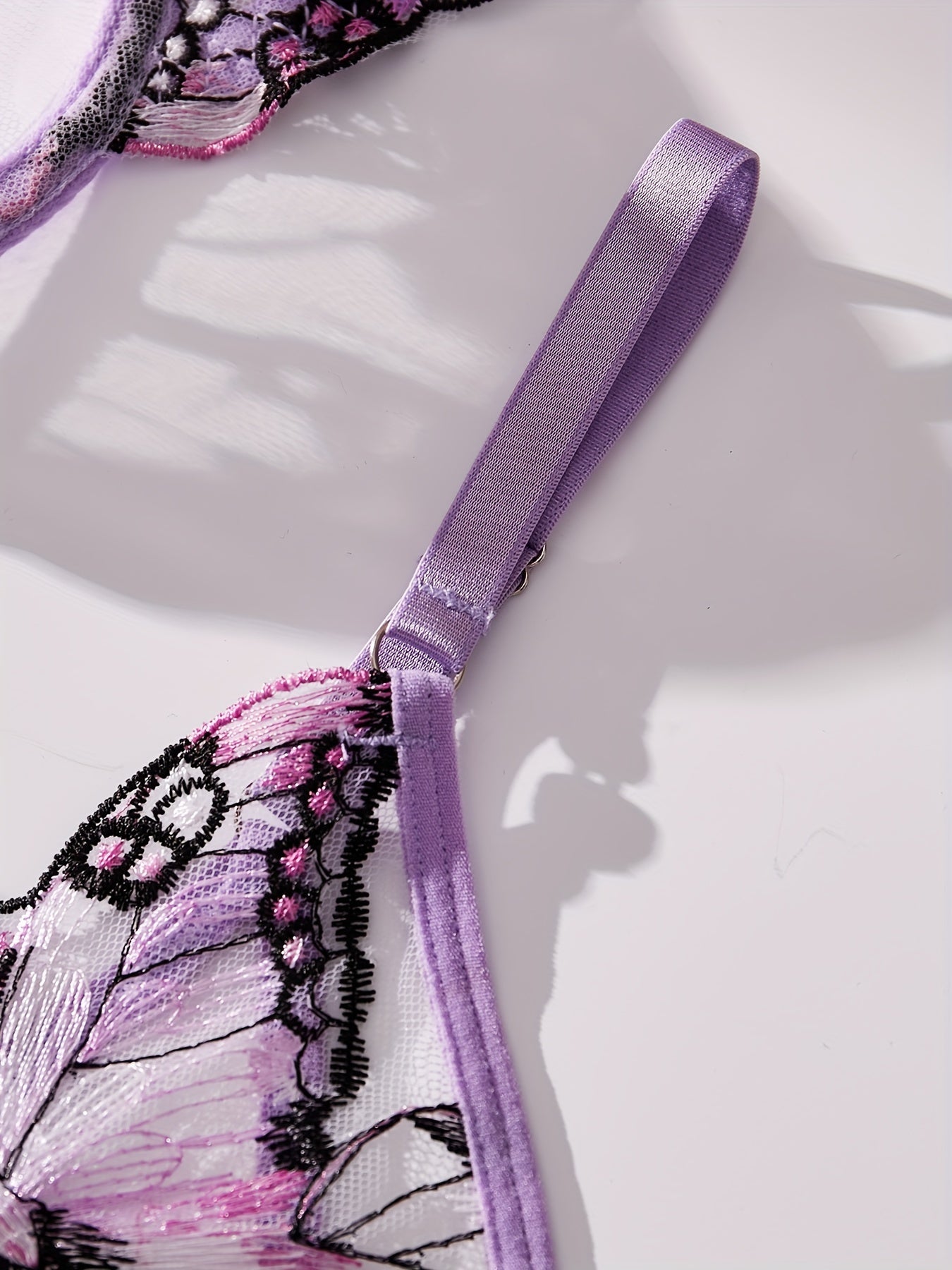 Butterfly Embroidery Mesh Lingerie Set, Strappy Plunge Bra & Thong, /MH
